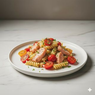 Eliche con ciliegino e salmone saltati