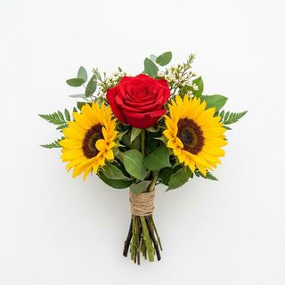 Fascio con 1 rosa rossa e 2 girasoli