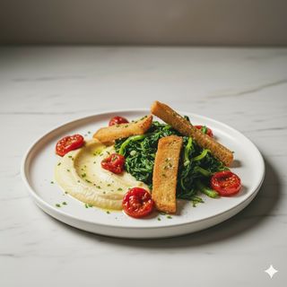 Favetta, cicoria, pane fritto e datterino confit