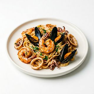 Fettuccine alla piastra con frutti di mare