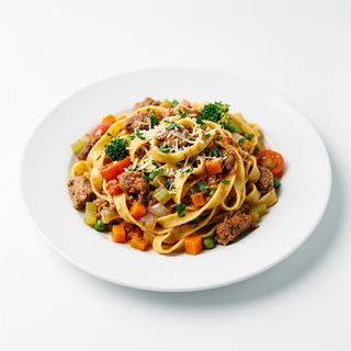 Fettuccine con carne e verdure