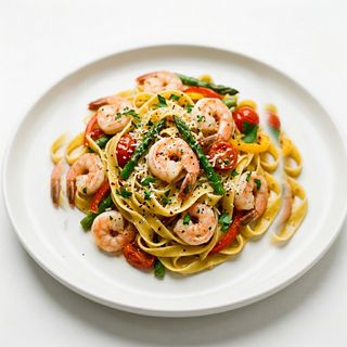 Fettuccine con gamberi e verdure