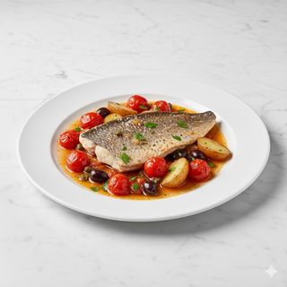 Filetto di orata in umido con olive taggiasche, capperi, pomodorini e patate