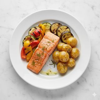Filetto di salmone con verdure grigliate e patate al forno