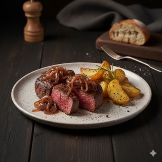 Filetto scomposto con cipolle caramellate e patate arrosto - una porzione