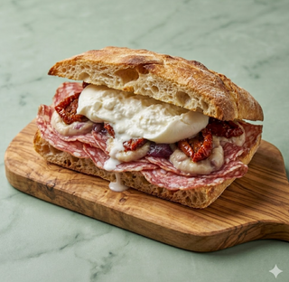 Panino finocchiona IGP, crema di cipolle di Tropea, pomodori secchi, burrata