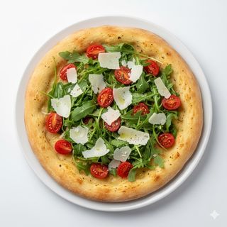 Focaccia pomodorini, rucola e parmigiano