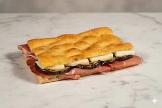 Focaccia con crudo, scamorza e melanzane
