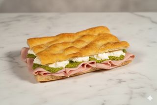 Focaccia con mortadella, stracciata e pesto di pistacchio