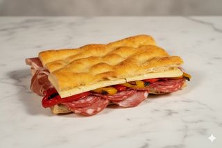 Focaccia con peperoni, salame e scamorza