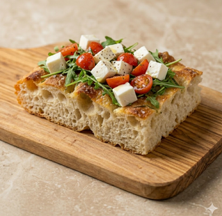 Focaccia con rucola, pomodoro pachino e mozzarella di bufala