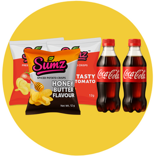 2x Coke 500ml Plastic Bottle + 2x Tasty Tomato Crisps 12g + 1x Honey Butter Crisps 12g