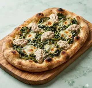 Pinsa friarielli, crema di noci, provola affumicata