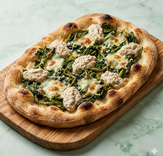 Pinsa friarielli, crema di noci, provola affumicata