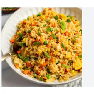 Fried Rice served with Plantain and Meat
