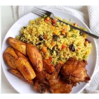 Fried rice, chicken and plantain combo