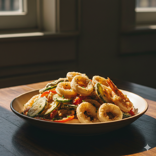 Frittura calamari, gamberoni e verdure