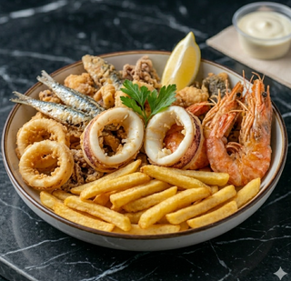 Fritura mista di mare con patatine fritte