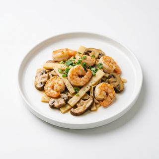 Gamberi con bambù e funghi