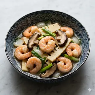 179 Gamberi con funghi e bambu