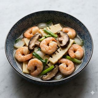 179 Gamberi con funghi e bambu