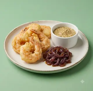 Gamberi pastellati con cipolla rossa caramellata e senape artigianale