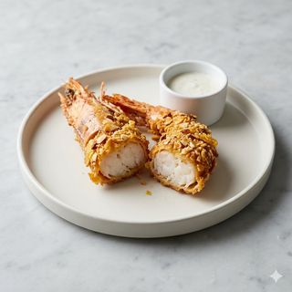 Gamberone fritto, mandorle e cornflakes