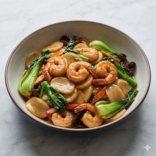 Gnocchi di riso saltato con gamberi e verdure
