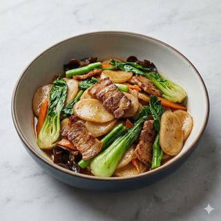 Gnocchi di riso saltato con maiale e verdure