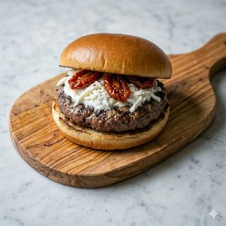 Hamburger di chianina alla grgilia con fonduta di blu di capra