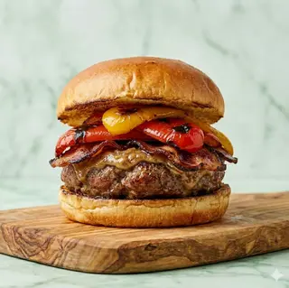 Burger black angus, peperoni arrostiti, cheddar
