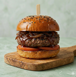 Burger black angus, cipolla caramellata, pomodoro fresco, salsa bbq