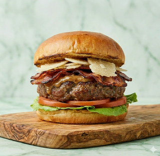 Burger black angus, parmigiano reggiano, bacon grigliato, pomodoro, lattuga, salsa r&b