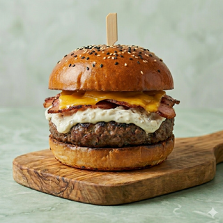 Burger black angus, crema di cipolla, bacon grigliato, cheddar