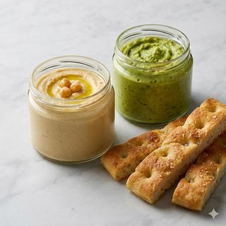 Hummus e guacamole con focaccia
