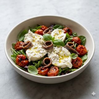 Insalata di alici, burrata e pomodorini al forno