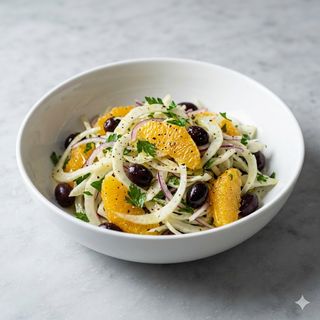 Insalata di finocchio, arancia, olive e cipolla
