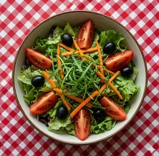 Insalata verde con pomodoro, olive nere, carote e rucola