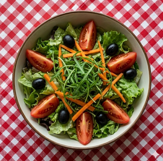 Insalata verde con pomodoro, olive nere, carote e rucola