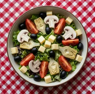 Insalata verde con pomodoro, olive nere, funghi, carciofi e fontina
