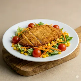 Insalata, pomodorini, carote, cotoletta, mais