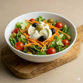 Insalata, pomodorini, carote, olive, mozzarella di bufala
