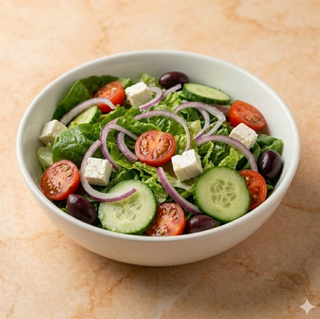 Nr 2 Insalata, cipolla rossa, pomodorini, feta, olive nere, cetrioli