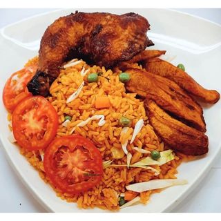 Jollof rice, chicken and plantain combo