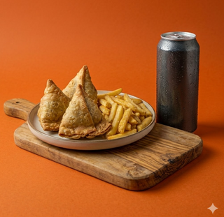 Samosa con patatine e bibita