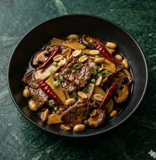 Manzo con bambù e funghi