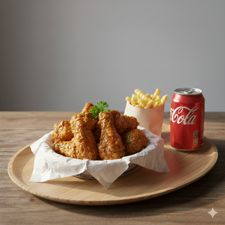 Alette di pollo, patatine e bibita 33 cl