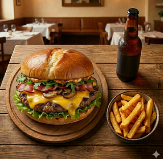 Menù con panino cheeseburger, patatine e bevanda a scelta