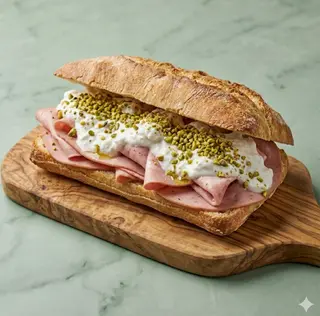 Panino mortadella, stracciatella, granella di pistacchio