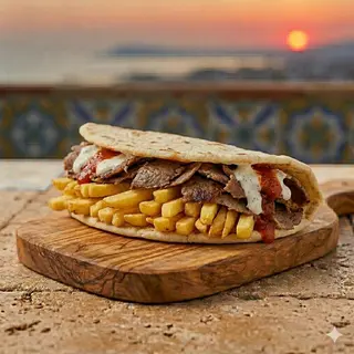 Piadina, carne, patatine, salse